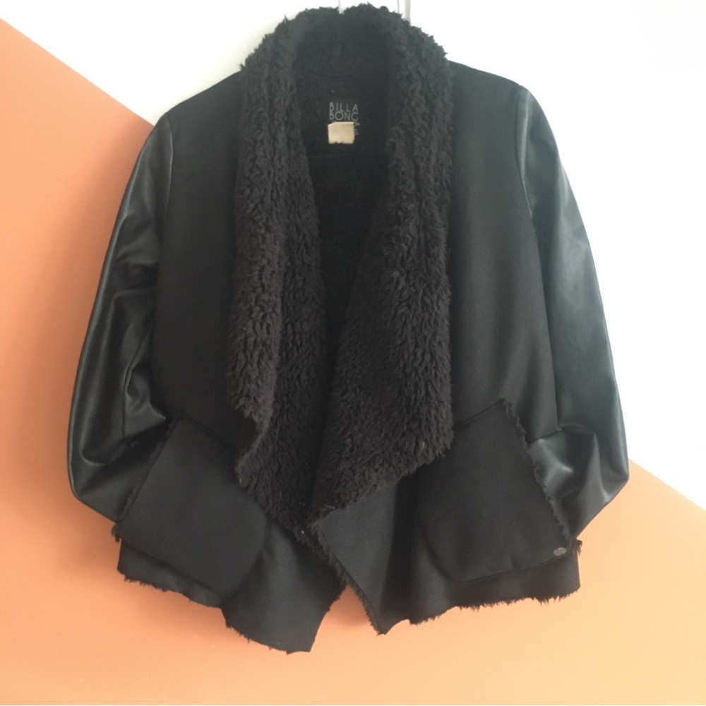 Black Vegan Leather Sleeved Suede Shearling Billabong Jacket Waterfall Collar